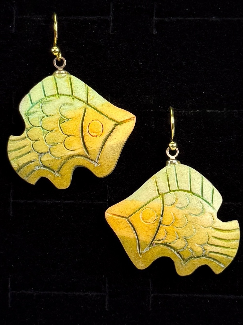 Wood Fish Pierced Dangle Earrings Yellow Green Nautical Folk Art Boho